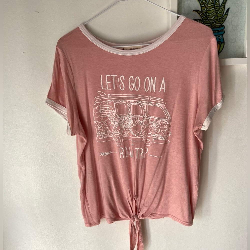 4/$15 Atticute Road Trip Pink Tie Front Top - Picture 3 of 12